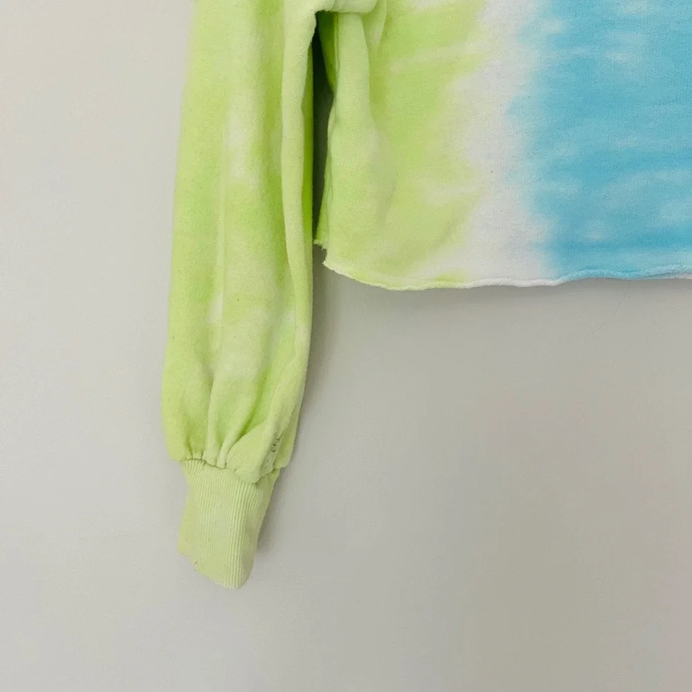 Justice Athletic Club Girl Tie Dye Cropped Sweatshirt Blue Green Glitter Logo XS